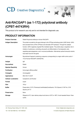 Anti-RACGAP1 (Aa 1-172) Polyclonal Antibody (CPBT-44743RH) This Product Is for Research Use Only and Is Not Intended for Diagnostic Use