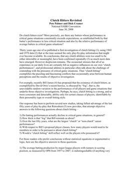 Clutch Hitters Revisited Pete Palmer and Dick Cramer National SABR Convention June 30, 2008