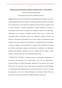 Methodological Individualism and Holism in Political Science: a Reconciliation