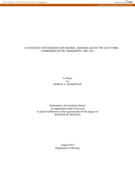 Changes in the Freshwater Mussel Assemblage in the East Fork Tombigbee River, Mississippi: 1988–2011