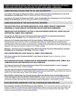 James Is Backed by Big Oil and the Koch Brothers Who Threaten the Great Lakes and Have Spent Over $670,000 to Help John James’ Campaigns