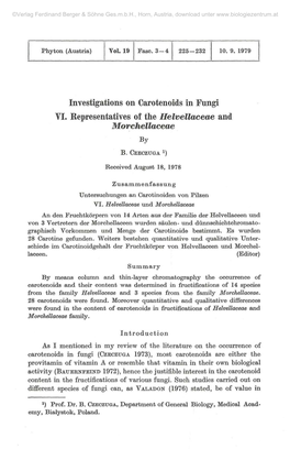 Investigations on Carotenoids in Fungi VI. Representatives of the Helvellaceae and Morchellaceae by B