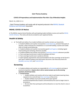 Saint Thomas Academy COVID-19 Preparedness and Implementation