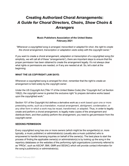 Creating Authorized Choral Arrangements: a Guide for Choral Directors, Choirs, Show Choirs & Arrangers