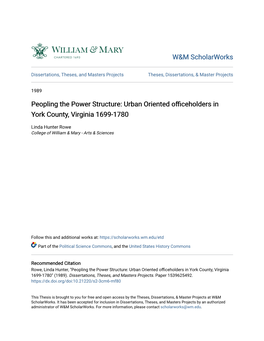 Urban Oriented Officeholders in York County, Virginia 1699-1780