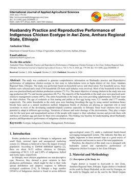 Husbandry Practice and Reproductive Performance of Indigenous Chicken Ecotype in Awi Zone, Amhara Regional State, Ethiopia