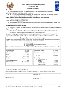 Lao PDR Resilience Agriculture Sector Climate Change – NAPA Follow up Page 1