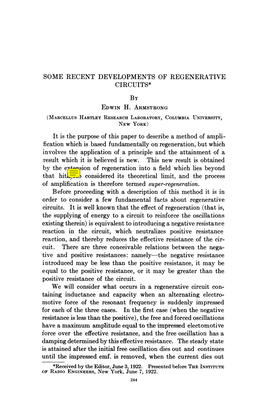 SOME RECENT DEVELOPMENTS of REGENERATIVE Fication Which Is Based Fundamentally on Regeneration, but Which Existing Therein) Is E