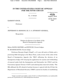 Singh V. Sessions, 699 F.App’X 418 (5Th Cir