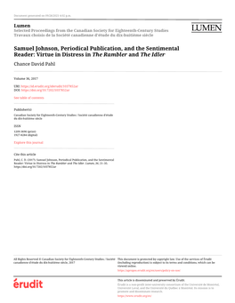 Samuel Johnson, Periodical Publication, and the Sentimental Reader: Virtue in Distress in the Rambler and the Idler Chance David Pahl