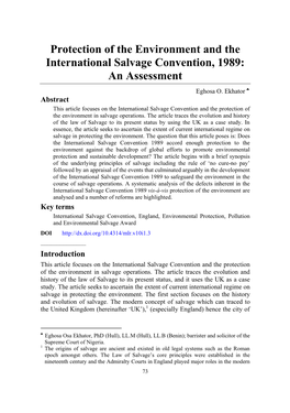 Protection of the Environment and the International Salvage Convention, 1989: an Assessment