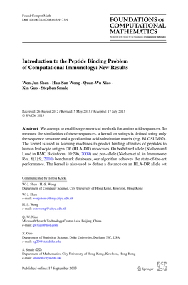 Introduction to the Peptide Binding Problem of Computational Immunology: New Results