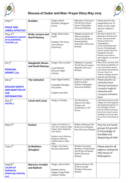 Diocese of Sodor and Man- Prayer Diary May 2019