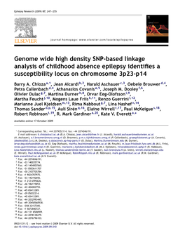 Genome Wide High Density SNP-Based Linkage Analysis of Childhood Absence Epilepsy Identiﬁes a Susceptibility Locus on Chromosome 3P23-P14