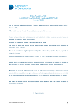 SEOUL PLAN of ACTION DEMOCRACY: INVESTING for PEACE and PROSPERITY November 12, 2002