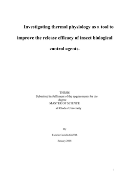 Investigating Thermal Physiology As a Tool to Improve the Release Efficacy of Insect Biological