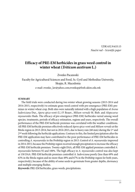 Efficacy of PRE-EM Herbicides in Grass Weed Control in Winter Wheat (Triticum Aestivum L.)