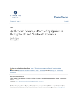 Aesthetics in Science, As Practised by Quakers in the Eighteenth and Nineteenth Centuries Geoffrey Cantor University of Leeds