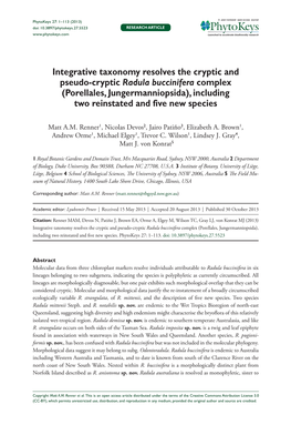 Integrative Taxonomy Resolves the Cryptic and Pseudo-Cryptic Radula Buccinifera Complex (Porellales, Jungermanniopsida), Including Two Reinstated and Five New Species