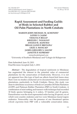 Rapid Assessment and Feeding Guilds of Birds in Selected Rubber and Oil Palm Plantations in North Cotabato
