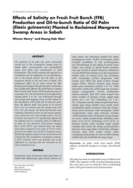 Effects of Salinity on Fresh Fruit Bunch (FFB) Production and Oil-To-Bunch Ratio of Oil Palm (Elaeis Guineensis) Planted in Reclaimed Mangrove Swamp Areas in Sabah