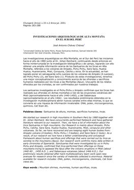 Investigaciones Arqueológicas De Alta Montaña En El Sur Del Perú