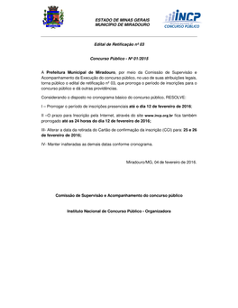 ESTADO DE MINAS GERAIS MUNICÍPIO DE MIRADOURO Edital