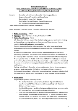 Birmingham City Council Notes of the Meeting of the Weoley Ward Forum on 29 January 2018 at 6.30Pm at Weoley Castle Community Church, Quarry Road