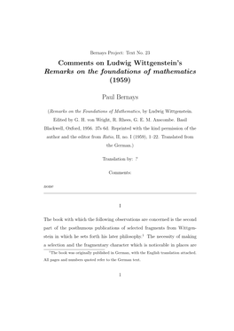 Comments on Ludwig Wittgenstein's Remarks on the Foundations