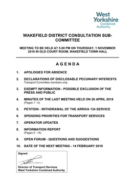 (Public Pack)Agenda Document for Wakefield District Consultation Sub-Committee, 01/11/2018 17:00