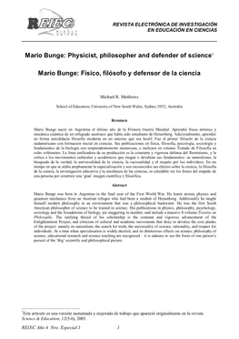 Mario Bunge: Physicist, Philosopher and Defender of Science1