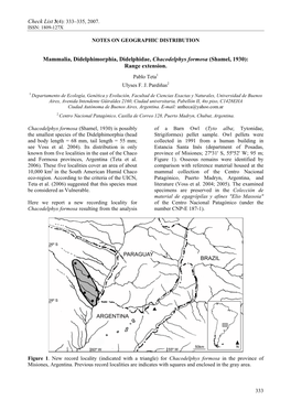 Mammalia, Didelphimorphia, Didelphidae, Chacodelphys Formosa (Shamel, 1930): Range Extension