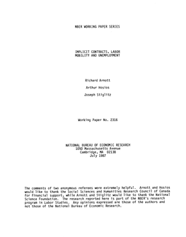 Nber Working Paper Series Implicit Contracts, Labor Mobility And