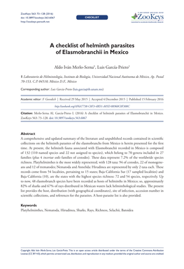 ﻿A Checklist of Helminth Parasites of Elasmobranchii in Mexico