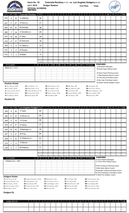 Colorado Rockies(41-42) Vs Los Angeles Dodgers(43-39)