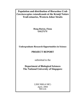 Population and Distribution of Horseshoe Crab Carcinoscopius Rotundicauda at the Kranji Nature Trail Estuaries, Western Johor Straits