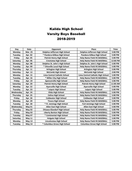 Kalida High School Varsity Boys Baseball 2018-2019