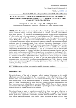 Cyber -Trolling, Cyber-Impersonation and Social Adjustment Among Secondary School Students in Calabar Education Zone, Cross River State, Nigeria