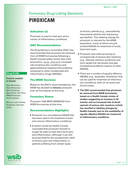 Formulary Drug Listing Decisions PIROXICAM