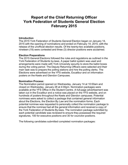 Report of the Chief Returning Officer York Federation of Students General Election February 2015