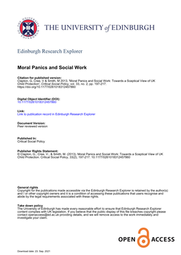 Moral Panics and Social Work: Towards a Sceptical View of UK Child Protection', Critical Social Policy, Vol