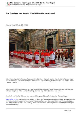 The Conclave Has Begun. Who Will Be the New Pope? Published on Iitaly.Org (