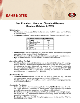 San Francisco 49Ers Vs. Cleveland Browns Sunday, October 7, 2019