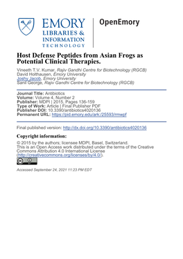 Host Defense Peptides from Asian Frogs As Potential Clinical Therapies