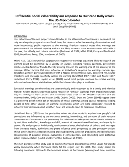 Differential Social Vulnerability and Response to Hurricane Dolly Across