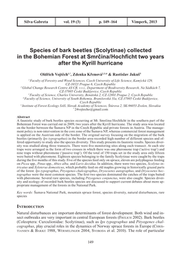 Species of Bark Beetles (Scolytinae) Collected in the Bohemian Forest at Smrčina/Hochﬁcht Two Years After the Kyrill Hurricane