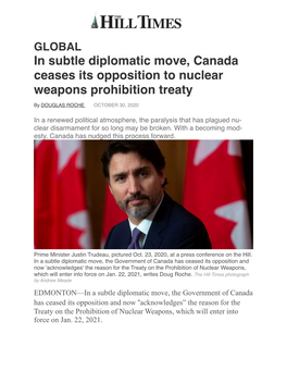 In Subtle Diplomatic Move, Canada Ceases Its Opposition to Nuclear Weapons Prohibition Treaty