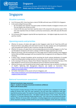 Singapore Coronavirus Disease 2019 (COVID-19) Situation Report Weekly Report for the Week Ending 24 January 2021