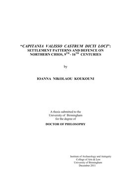 Settlement Patterns and Defence on Northern Chios, 9Th - 16Th Centuries