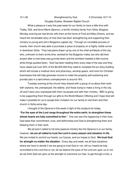 10.1.06 Strengthened by God 2 Chronicles 16:7-10 Douglas Scalise, Brewster Baptist Church What a Pleasure It Was This Past Week